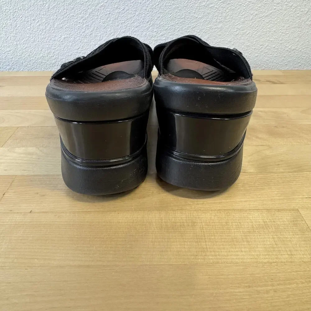 Bzees Desire Sandals Womens Sz 8.5 Black Comfort Elastic Cross Strap Wedge Slide